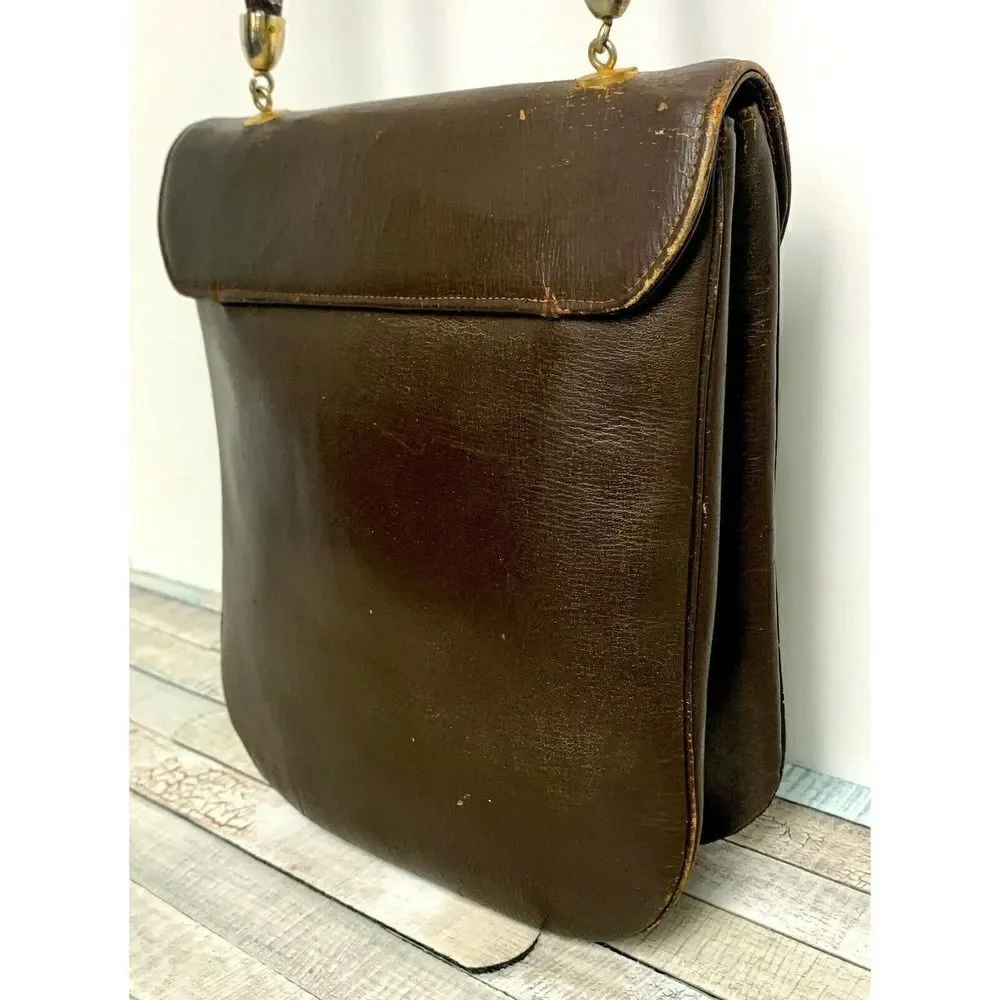VINTAGE BROWN GENUINE LEATHER TURN LOCK FLAP TOP HANDLE HANDBAG PURSE